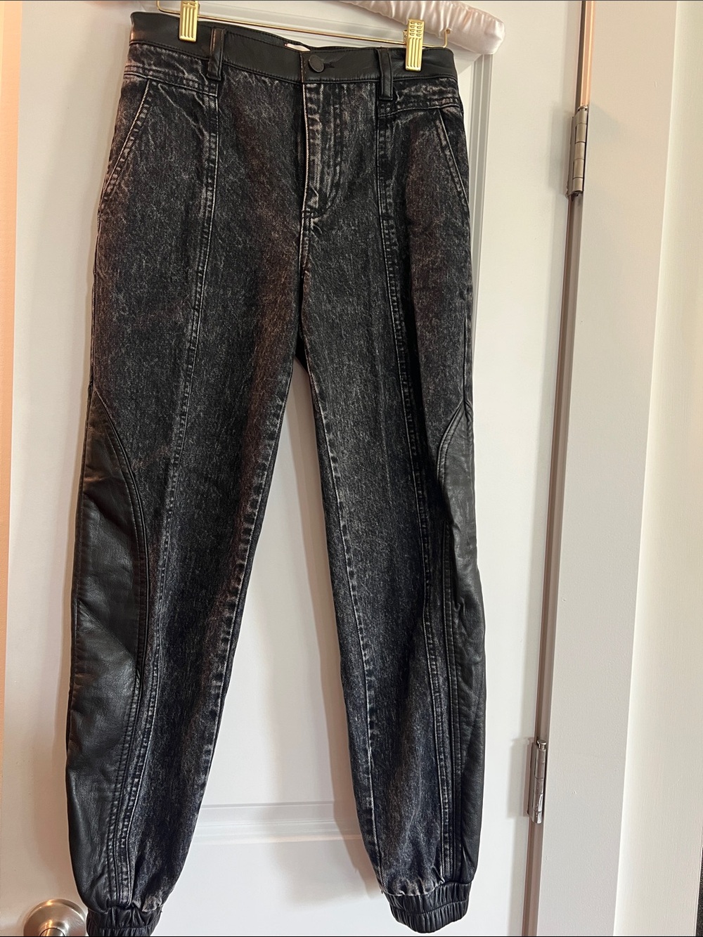 Women’s Black Washed Jogger Jeans with Faux-Leather Panels